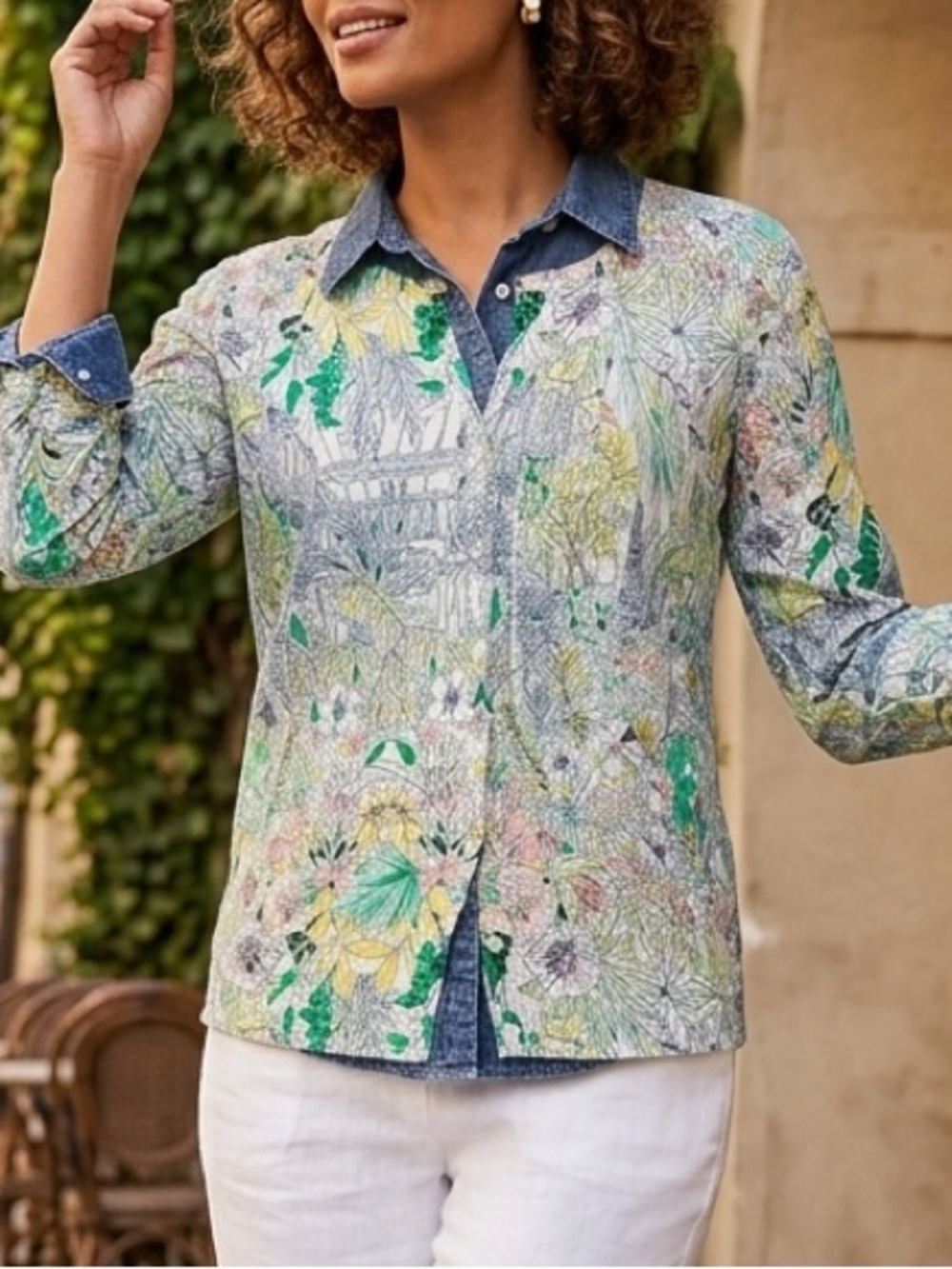 Talbots Size L Glasshouse Garden Print 3/4 Sleeve Cardigan Sweater Botanical